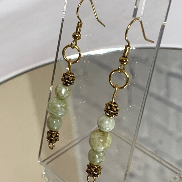REIMAGINED Serpentine Stone Gold Plated Hook Earrings - Picture 4 of 5